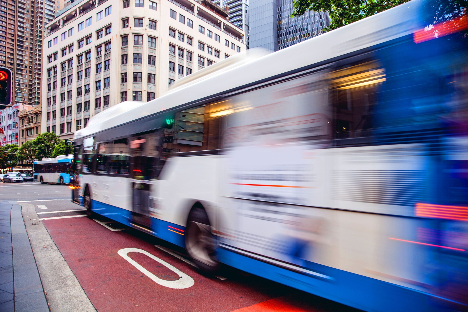 Sydney transportations. Bus in a crowded street in Town Hall